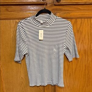 Striped Short-Sleeve Mock Neck Tee in White and Black